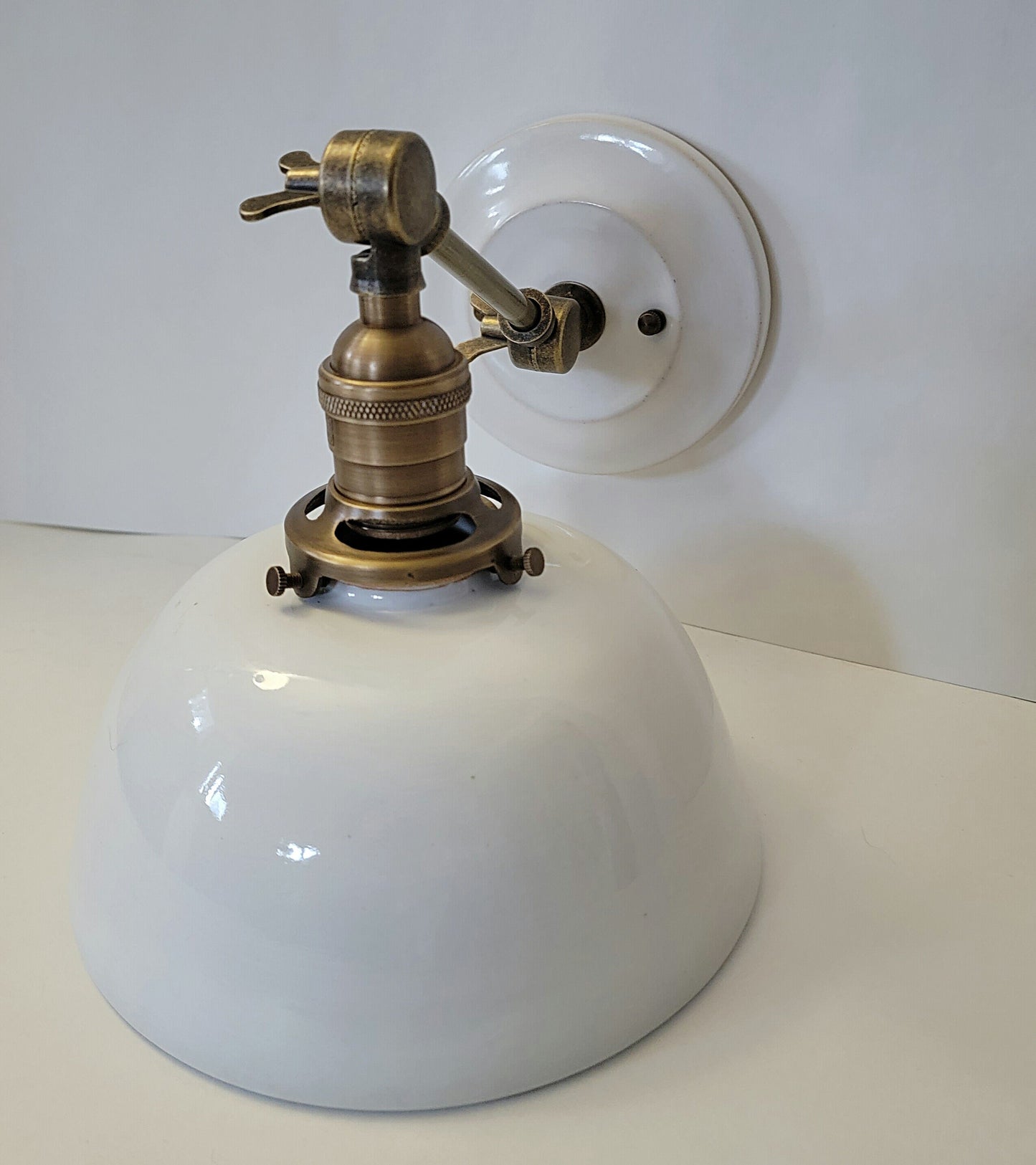 Style#066 White farmhouse lamp, with,adjustable arm, and vintage looking wall plate, wall light, bedside wall light, plug in wall sconce,