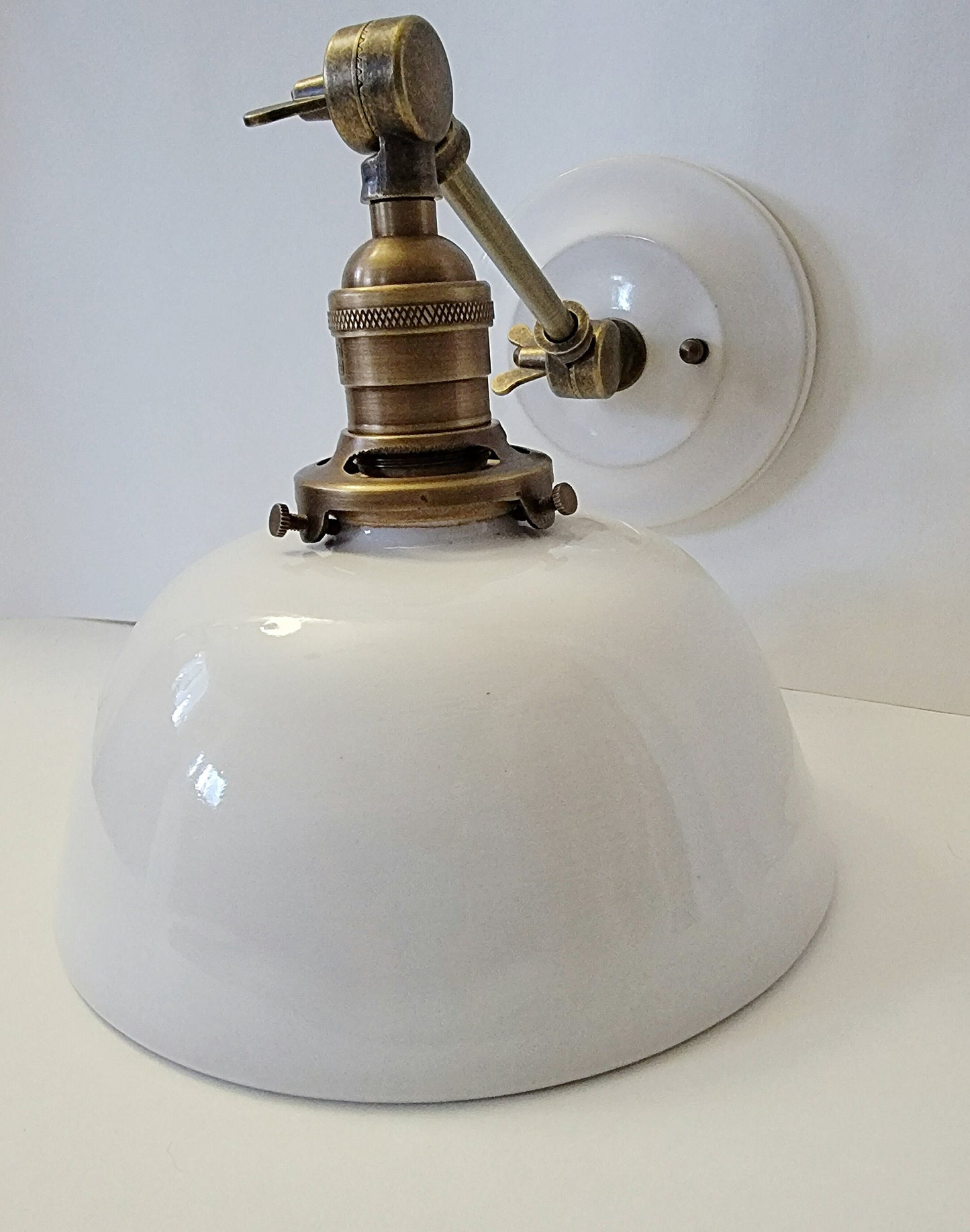 Style#066 White farmhouse lamp, with,adjustable arm, and vintage looking wall plate, wall light, bedside wall light, plug in wall sconce,
