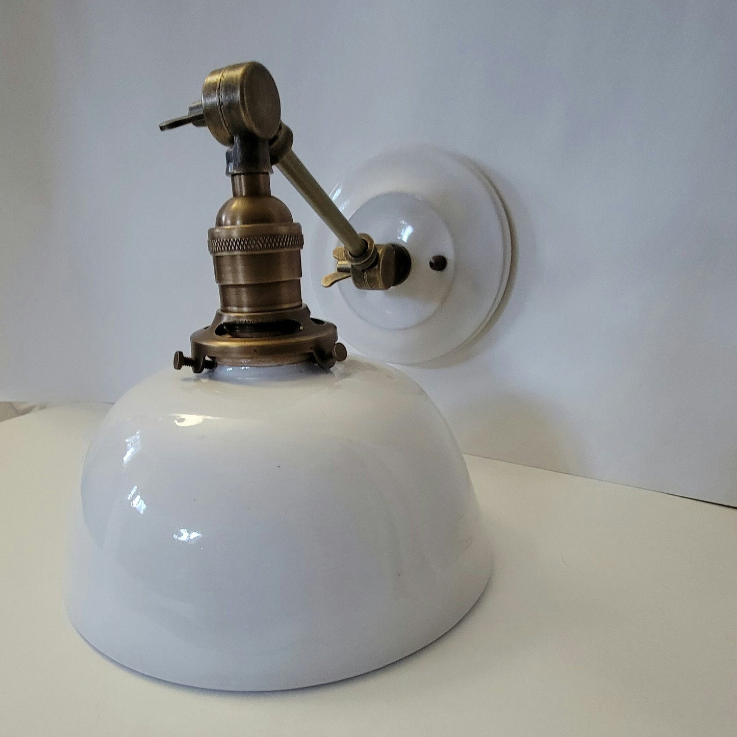 Style#066 White farmhouse lamp, with,adjustable arm, and vintage looking wall plate, wall light, bedside wall light, plug in wall sconce,